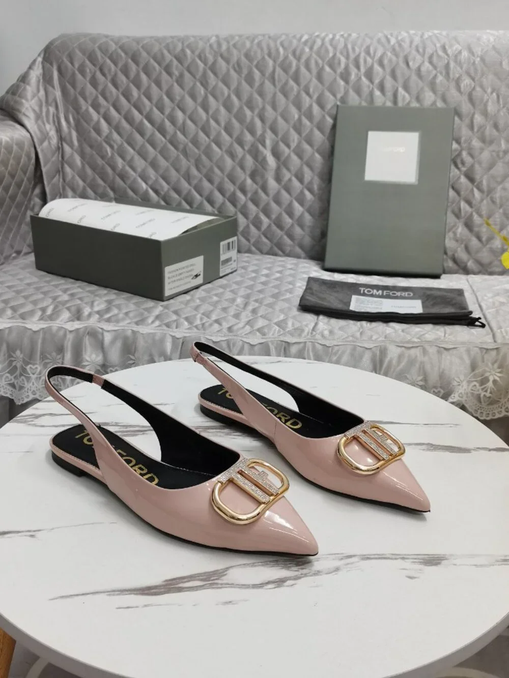 Tom Ford Nude Pink Rhinestone TF-Logo Pointed-Toe Flats